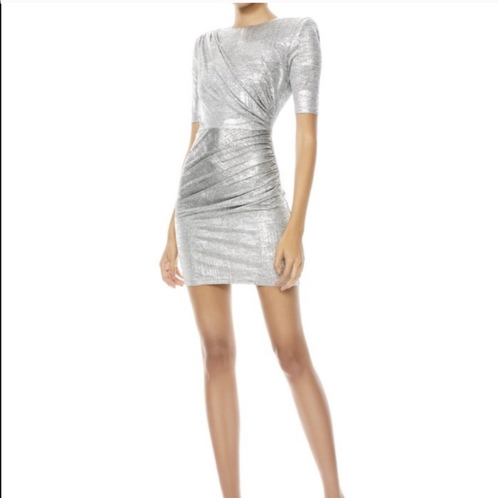 Alice + Olivia Delora silver ruched mini dress